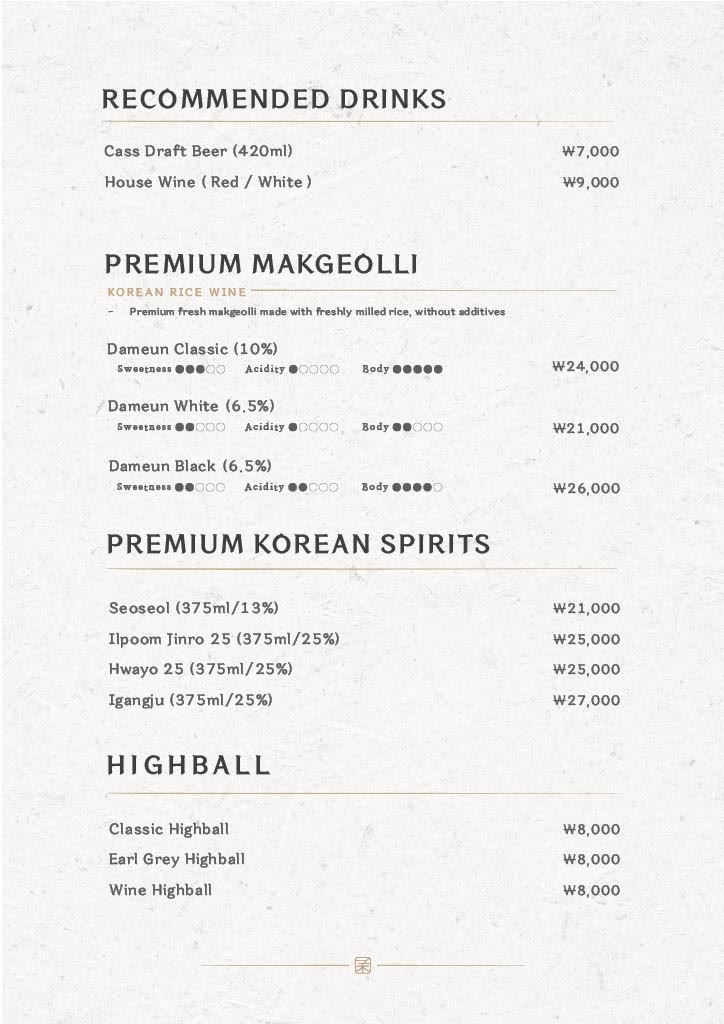 Hanwoodaum Hongdae Main Branch printed menu 4 — Recommended drinks · premium makgeolli · premium Korean spirits · highballs