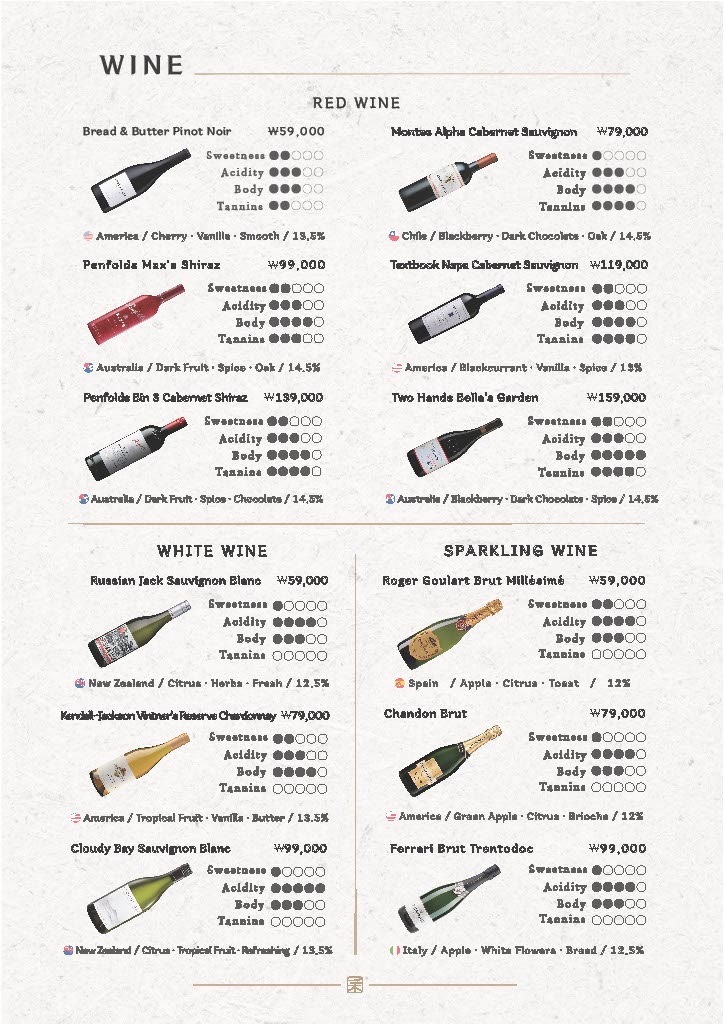 Hanwoodaum Hongdae Main Branch printed menu 5 — Wine — red, white and sparkling