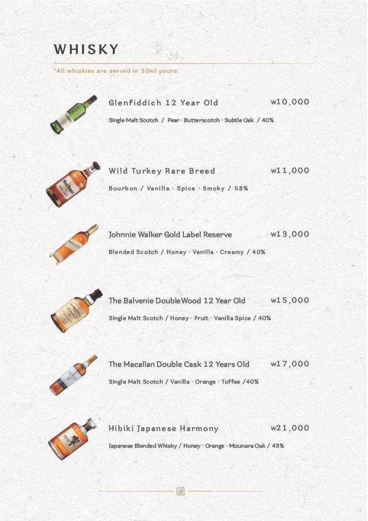 Hanwoodaum Hongdae Main Branch printed menu 6 — Whisky — served in 30 ml pours