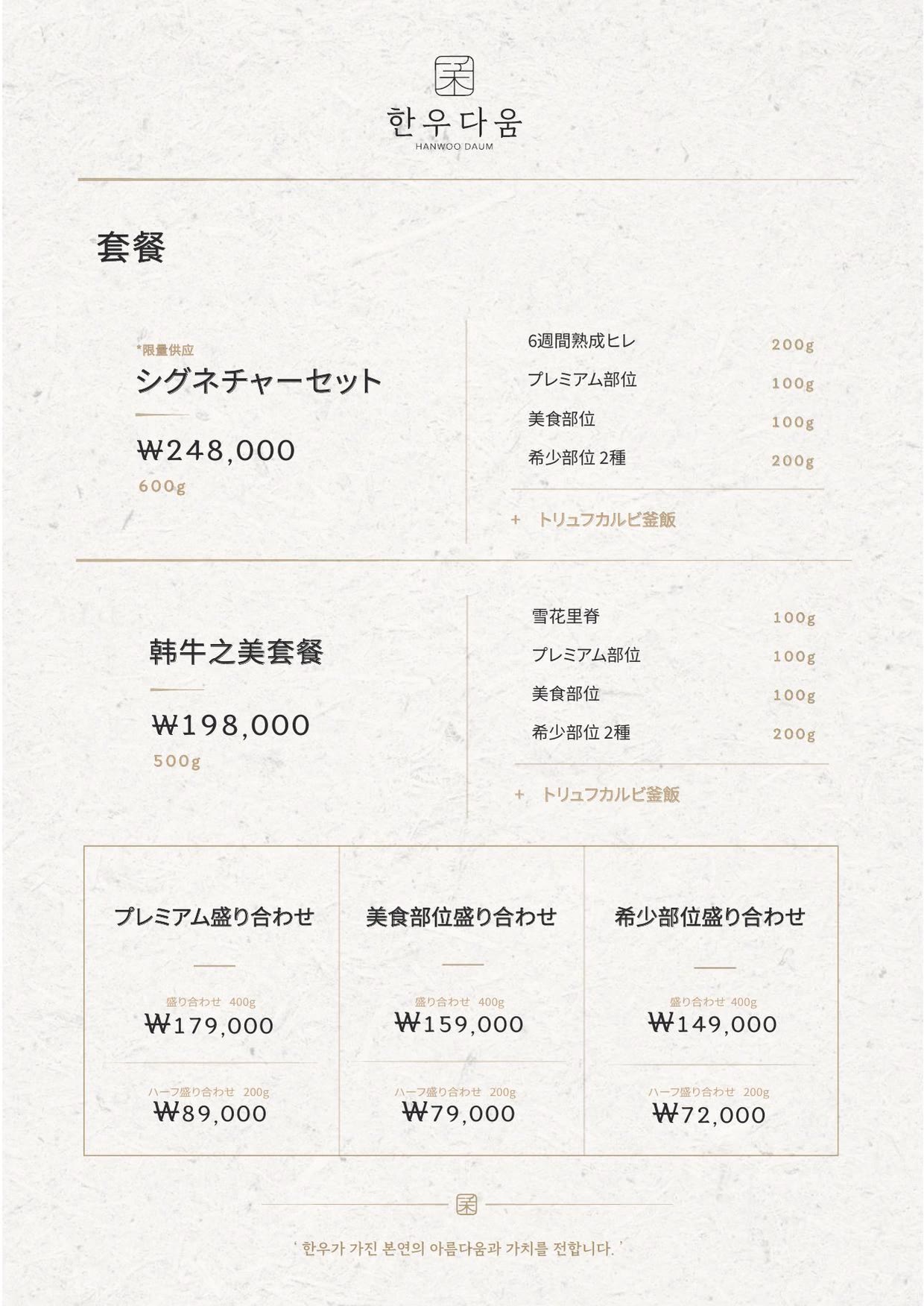 韓牛らしさ 弘大本店のメニュー 1 — セットメニュー — シグネチャーセット・ハヌダウムセット・盛り合わせ3種