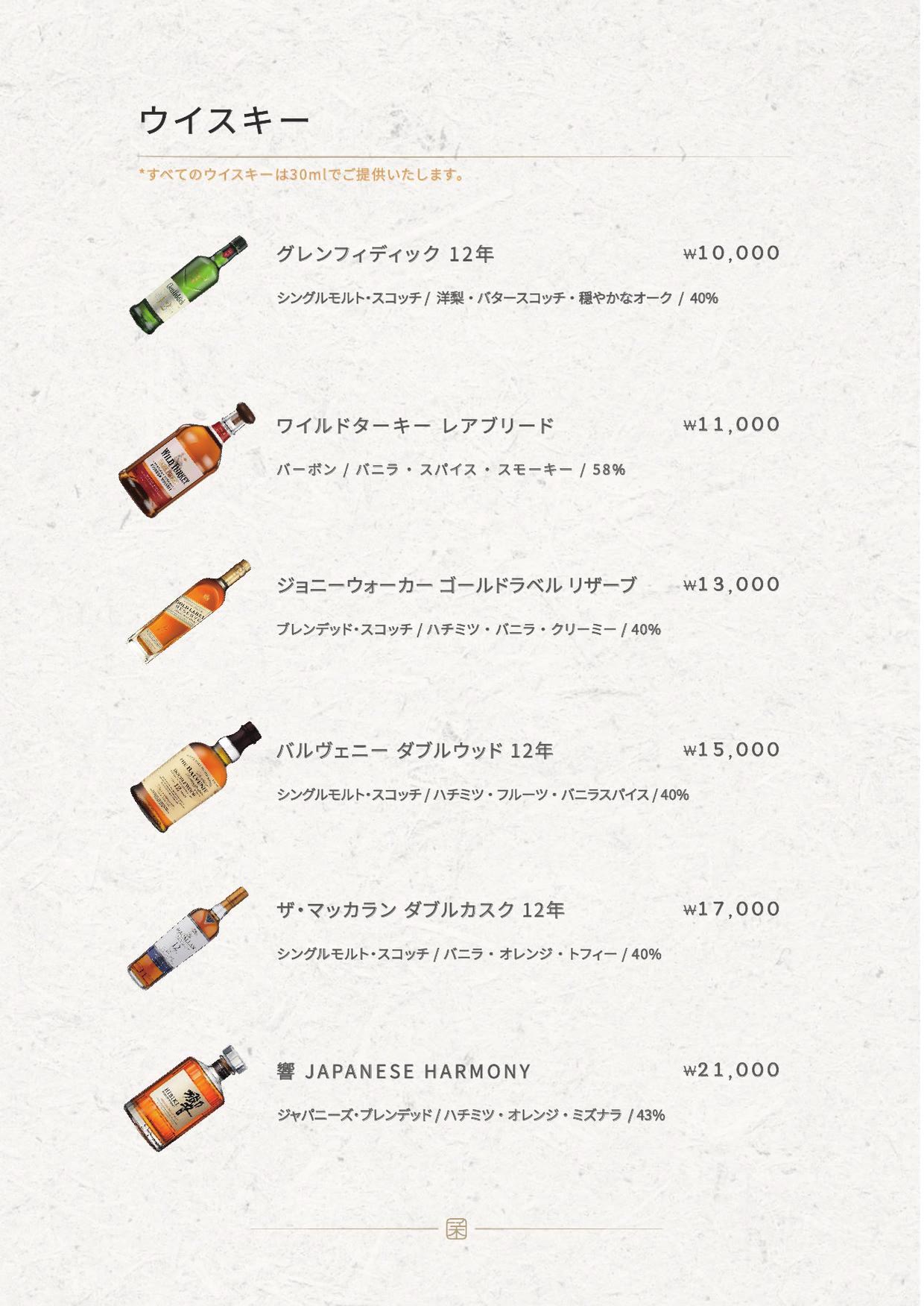 韓牛らしさ 弘大本店のメニュー 6 — ウイスキー — 30ml単位